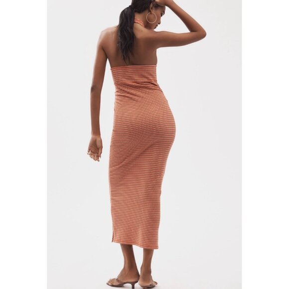 Pilcro Anthropologie High Tide Halter Slim Midi Dress Size XL Orange Stripe - Picture 2 of 6